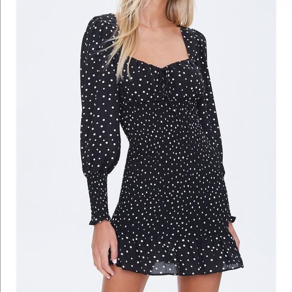 Forever 21 smocked polka dot black dress with self tie in the back